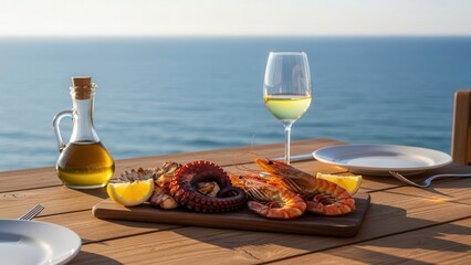 Delicious grilled seafood platter with octopus, prawns, olive oil, and white wine on a wooden table by the ocean. Concept of Mediterranean food