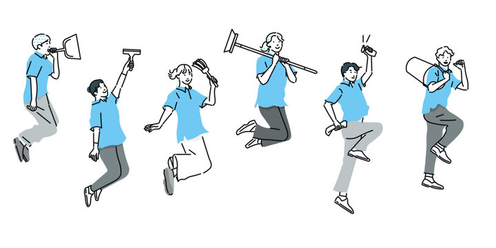 ブラシや掃除道具を持ってジャンプする清掃員ーチームワークーハウスクリーニングーベクター人物イラスト