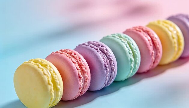 Rainbow pastel french macarons lined up in row sweet treat delightful dessert cookies pastel colors food.