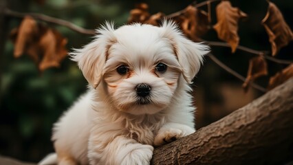Adorable small white puppy on a tree branch outdoors