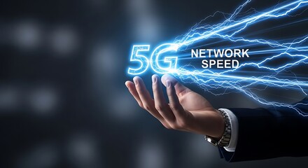 Hand holding glowing 5g network speed icon with blue lightning effect, representing fast internet connection and technology advancement