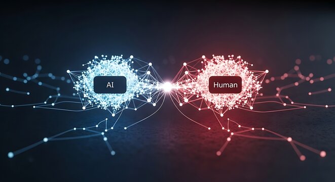 Abstract representation of ai and human intelligence connecting through a digital network - Powered by Adobe