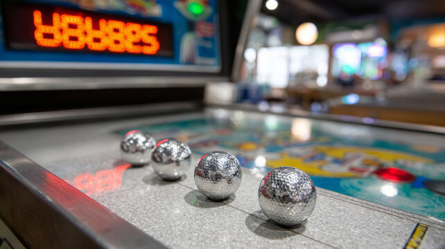 Pinball machine with four silver balls in focus.