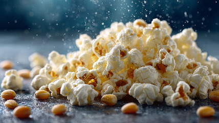 Close-up of freshly popped popcorn on a blue background.