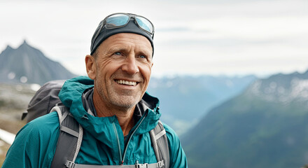 Senior man with gray hair, wearing a teal jacket and sunglasses, smiles while hiking in a mountainous landscape, showcasing adventure and outdoor exploration