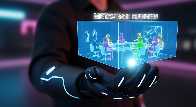 Person holding a holographic display of a metaverse business meeting - Powered by Adobe