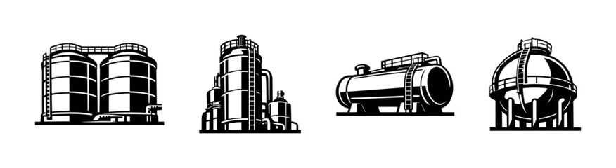 Industrial tanks and structures, flat vector illustration, gas, oil storage designs