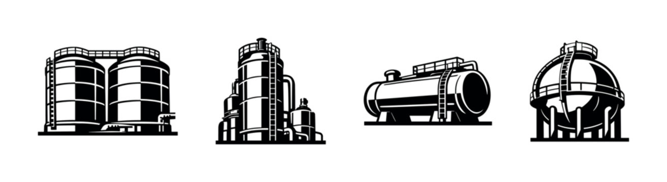 Industrial tanks and structures, flat vector illustration, gas, oil storage designs