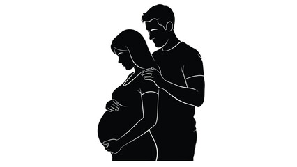 Silhouette of a caring couple embracing a pregnant woman's belly symbolizing anticipation and love
