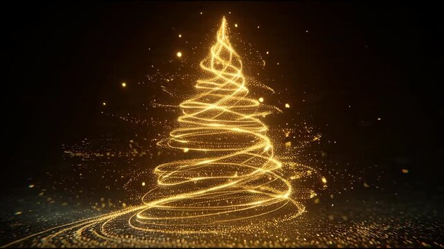 Golden swirling lights forming a Christmas tree shape on a dark background with sparkling decorations