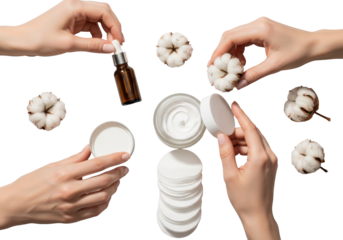 Slender caucasian female hands arranging high-end amber serum and white face cream, stacked cotton pads, and raw cotton bolls on pale marble, top view. concept of luxurious purity and natural efficacy