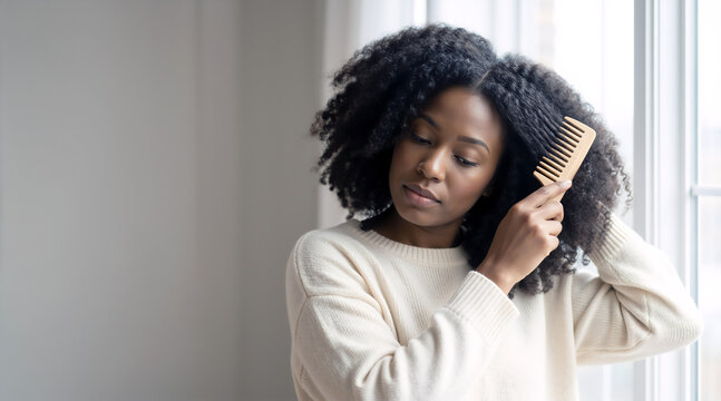 Young Black woman combing natural curly hair with wooden comb. African American female grooming afro texture near window. Copy space
