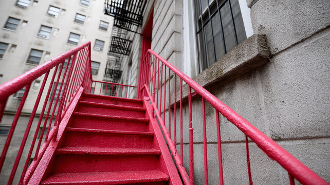 Red metal stairs outside an urban building. - Powered by Adobe