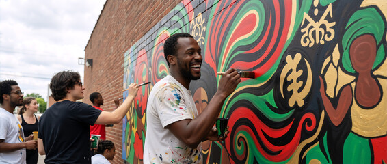 Happy African American man painting a colorful mural on a brick wall. Community art project with diverse group of volunteers. Street art celebrating culture and heritage