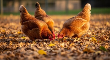 Fototapeta premium Three brown hens foraging in dry autumn leaves. Free range chickens pecking ground on a farm during golden hour. Organic poultry farming and ecology concept