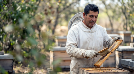 Hispanic male beekeeper inspecting a honeycomb frame in an apiary. Professional farmer brushing bees off a hive. Apiculture and honey production concept