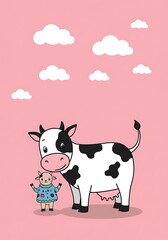 空想牧場の手描きイラスト: 母牛と子羊