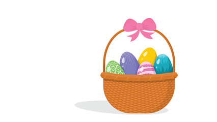 Easter Basket with Colorful Decorative Eggs and Pink Ribbon Isolated on White Background