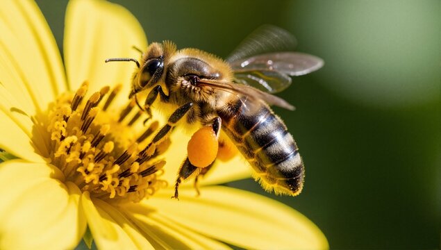 Macro photo of a honeybee collecting pollen from a vibrant yellow flower. Close-up of an insect pollinating in a summer garden. Nature and wildlife concept