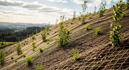 Young saplings planted on a steep slope for erosion control. Hillside stabilization using a geotextile netting for land reclamation. Reforestation and environmental conservation concept