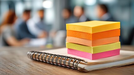 Sticky notes and notebook on office table with blurred business team in meeting background showing workplace creativity planning brainstorming teamwork and productivity. High quality. High quality