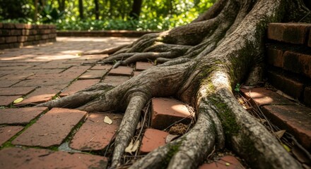 Powerful tree roots cracking and growing over a red brick path in a park. The concept of nature's strength and resilience. Close-up of an overgrown sidewalk