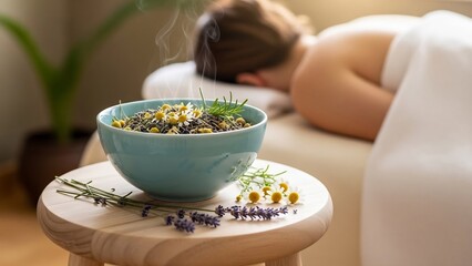 Aromatherapy bowl filled with chamomile and lavender, with a person receiving a massage in the background
