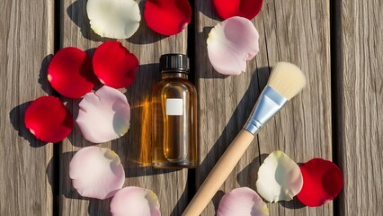 Aromatherapy and spa preparation: amber liquid in a glass bottle with rose petals and a cosmetic brush on a wooden surface