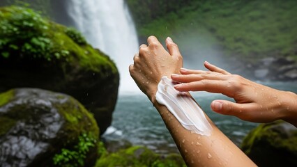 Applying white, creamy lotion to a wet arm with a waterfall and lush green mossy rocks in the background.