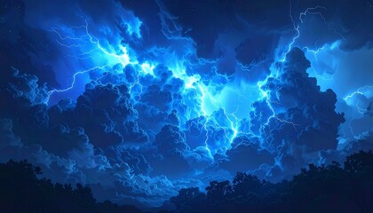 Dramatic nighttime lightning storm over desert landscape with jagged bolts illuminating mesas and sparse vegetation.