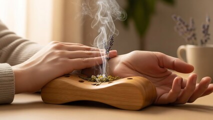 Aromatherapy ritual: hands gently cupping a wooden incense holder with wisps of smoke rising from dried herbs and lavender.