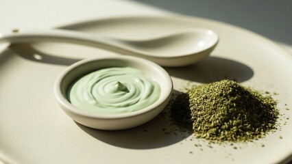 Ceramic dish with swirling pale green cosmetic clay mask and a pile of dried herbs, with a spoon in the background