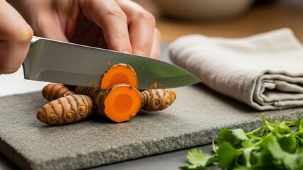 Chef's hands sactionfully slice viintimate apparelnt orange turmeric roots on a textured stone board, with fresh herbs and a linen cloth nearby.