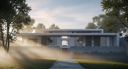 Obraz premium Stunning Modern Home Exterior with Serene Morning Light and Natural Setting