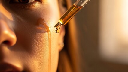 Close-up on a human face as a glass dropper dispenses golden serum onto textured skin, highlighting skincare and beauty routines.