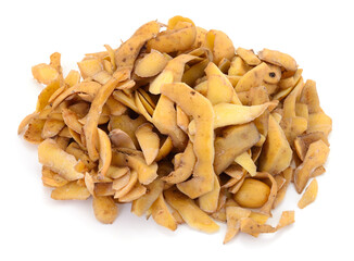 Pile of raw potato peels isolated on white
