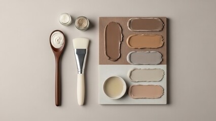 Cosmetic creams and color swatches for makeup application and product development, with brushes and spoons.