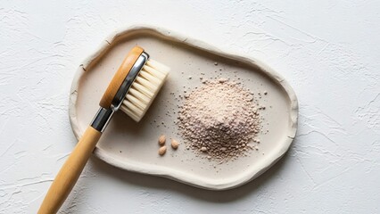 Cosmetic powder and a brush on a ceramic tray