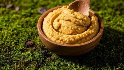 Creamy golden hummus swirled in a rustic wooden bowl, served on a bed of viintimate apparelnt green moss and dark soil, with a wooden spoon lifting a portion.