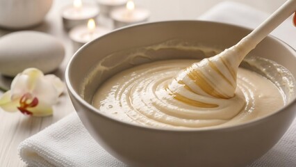 Creamy spa treatment mixture with honey being drizzled in a bowl, surrounded by soft lighting and orchids.