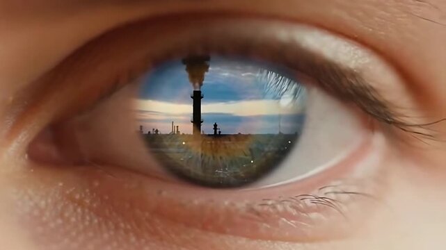 Close-up of an eye reflecting air pollution from heavy industries with smoking chimney and environmental concerns
