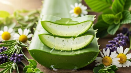 Fresh aloe vera slices with soothing chamomile and lavender, ideal for natural skincare and wellness.