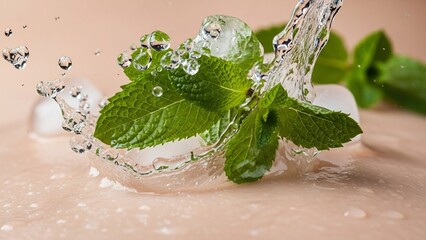 Fresh mint leaves washed with water and ice cubes, refreshing splash and droplets in motion