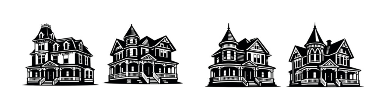 Victorian house collection, flat vector illustration, architecture, vintage design