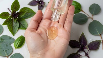 Hand holding a drop of golden serum from a bottle, surrounded by fresh green basil and eucalyptus leaves
