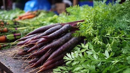 Fresh purple carrots and vibrant green parsley are displayed on a rustic wooden table at a bustling farmers market, showcasing organic produce and healthy eating options