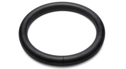 Black leather steering wheel on white background automotive
