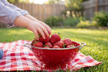 Child hands reaching for fresh strawberries in a red colander on a picnic blanket in a sunny garden