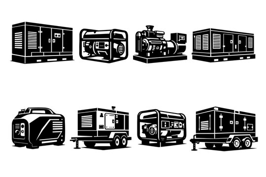 Generator collection, flat vector illustration, power equipment, black silhouettes