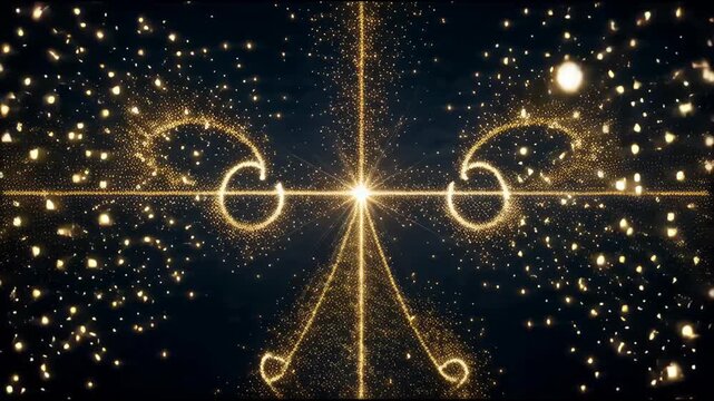 Abstract golden particles forming symmetrical patterns and a radiant cross on a dark background, creating a magical effect.